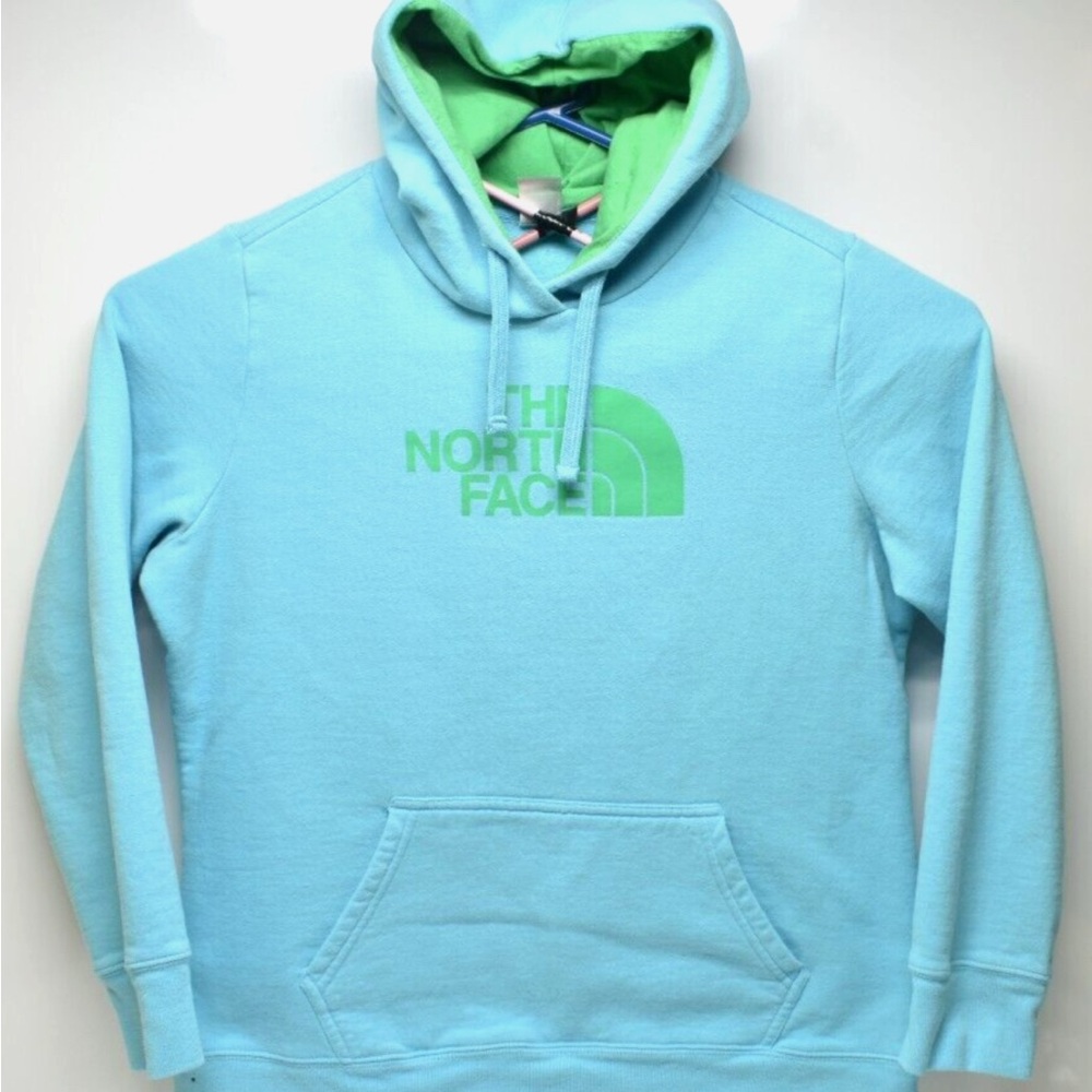 The North Face Hoodie Women's XL Pullover Sweatshirt Baby Blue Green Logo EUC